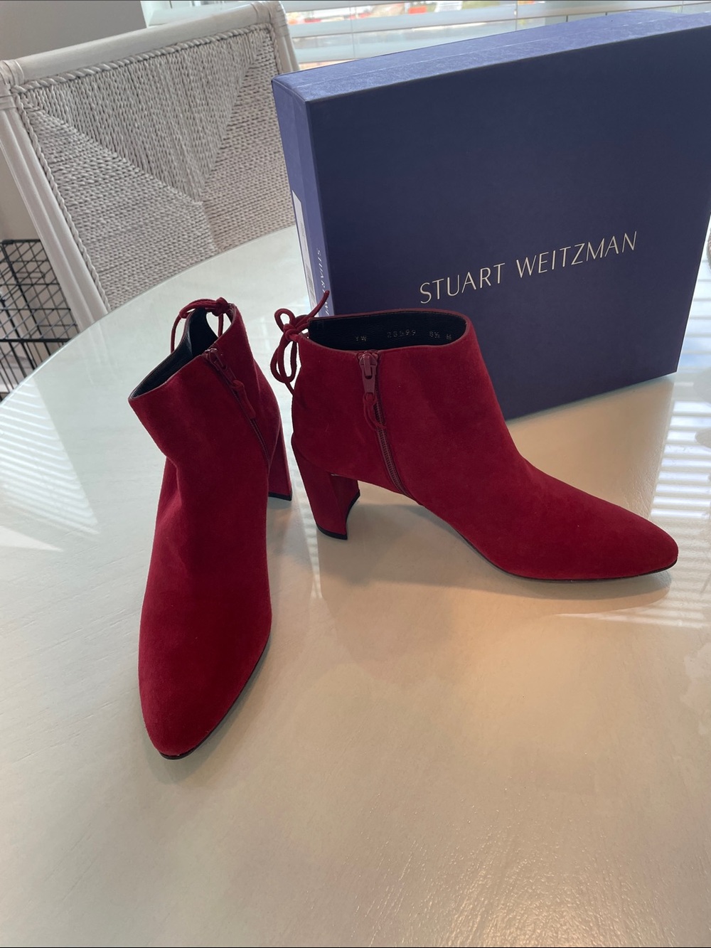 Stuart Weitzman Red Suede Pointed Toe Ankle Booties with Back Tie